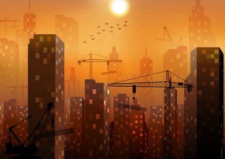Illustration of Construction site with buildings and cranesのイラスト素材