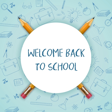 Vector illustration of Welcome back to school with round sign and a pencilsのイラスト素材