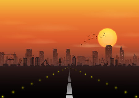 Vector illustration of Road to the city with construction site at sunset backgroundのイラスト素材