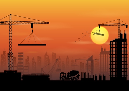 Vector illustration of Construction site silhouettes at sunsetのイラスト素材
