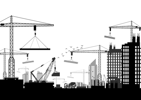 Vector illustration of Silhouettes of cranes working on the buildingのイラスト素材