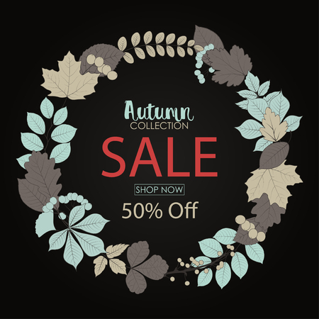 Vector illustration of Autumn sale banner with round frame leavesのイラスト素材