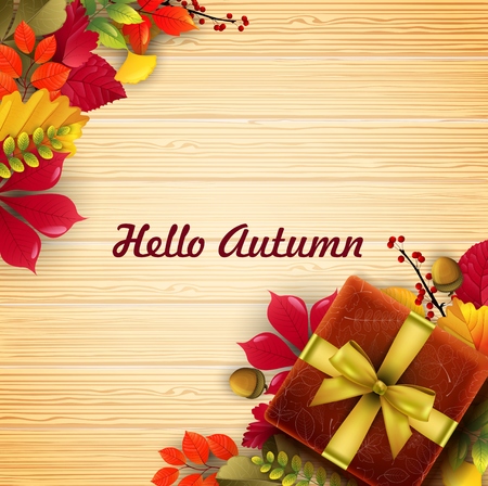 Vector illustration of Autumn leaves gift box with ribbon and bowのイラスト素材