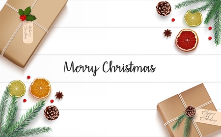 Vector illustration of Christmas wooden background with fir branches and gift boxesのイラスト素材