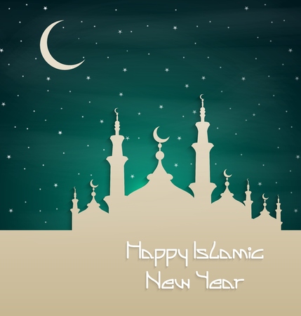 Vector illustration of Islamic New Year with silhouette mosque at night.のイラスト素材