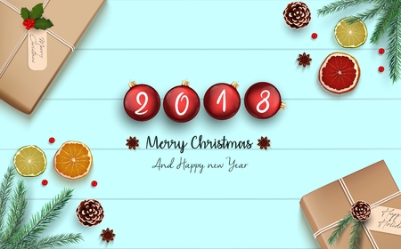 Vector illustration of Merry Christmas and Happy New 2018 Year background, with red Christmas balls and decoration.のイラスト素材