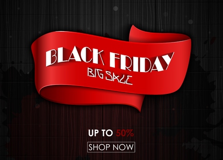 Vector illustration of Black Friday big sale red tag ribbon banner on black background.のイラスト素材