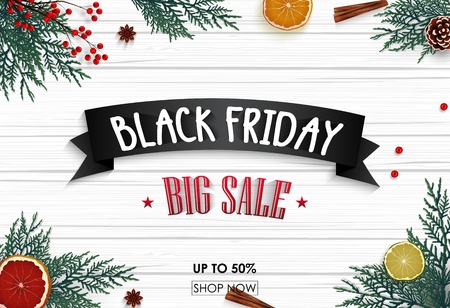 Vector illustration of Black Friday sale banner with Christmas decoration on wooden background.のイラスト素材