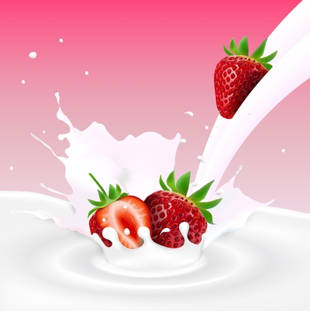 Vector illustration of Flowing milk splash with strawberries fruitsのイラスト素材