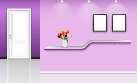 Vector illustration of Purple wall background with frames and flowers pot over shelfのイラスト素材