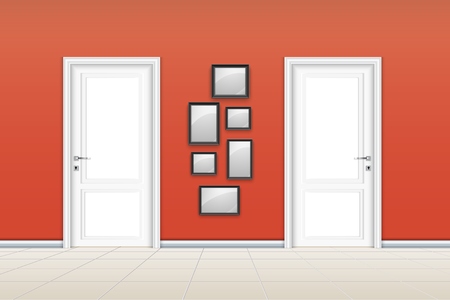 Vector illustration of Living room interior with closed door and empty frames on the orange wallのイラスト素材