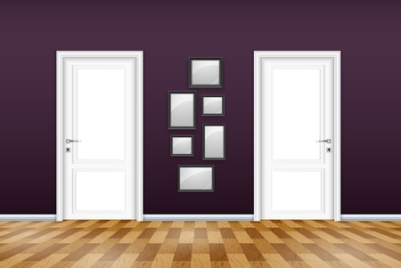 Vector illustration of Living room interior with closed door and empty frames on the purple wallのイラスト素材