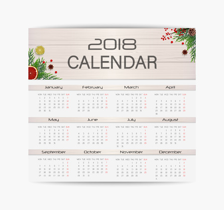 Vector illustration of Calendar design template for 2018 Year. Week starts on Monday with plants decoration backgroundのイラスト素材