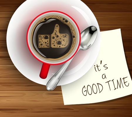 Vector illustration of Coffee cup with wood texture and white paper  with text it's a good time.のイラスト素材