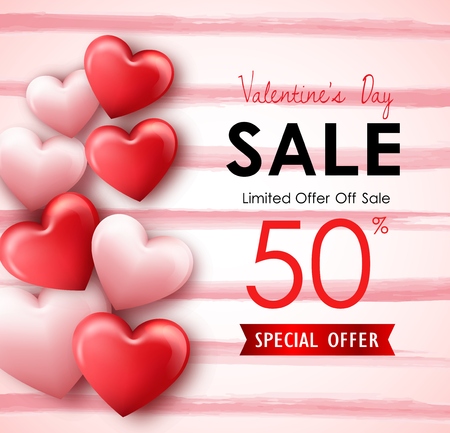 Vector illustration of Happy Valentine's Day sale banner with pink red hearts. Limited offer 50% off saleのイラスト素材