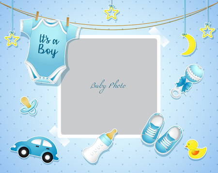 Vector illustration of baby shower card with blue baby items.のイラスト素材