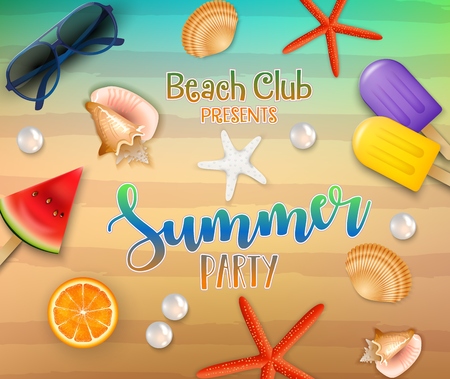 Illustration Of Summer party background. Top view on fresh starfish, orange, watermelon, corals, sunglasses, ice creams, pearl, and sea sandのイラスト素材