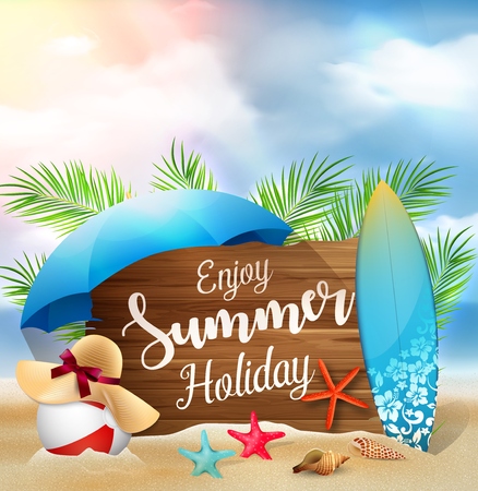 Illustration of Enjoy summer holidays banner design with a wooden sign for text and beach elementsのイラスト素材