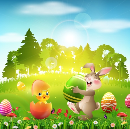 Vector illustration of Cute Easter bunny holding an egg with little chick in cracked eggshellのイラスト素材
