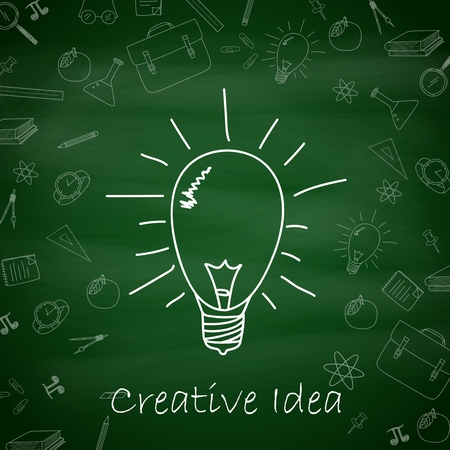 Vector illustration of Creative idea light bulb concept with school supplies lines on a green chalkboardのイラスト素材