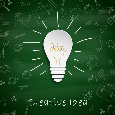 Vector illustration of Creative idea light bulb concept with school supplies lines on a green chalkboardのイラスト素材