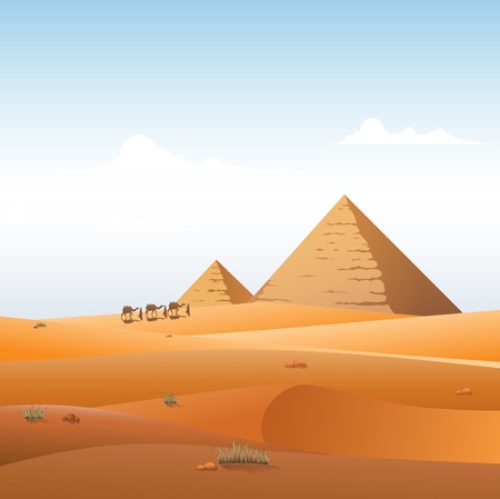 Camel caravan in wild Africa pyramids landscape backgroundのイラスト素材