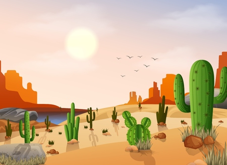 Desert landscape with cactus on the sunset backgroundのイラスト素材