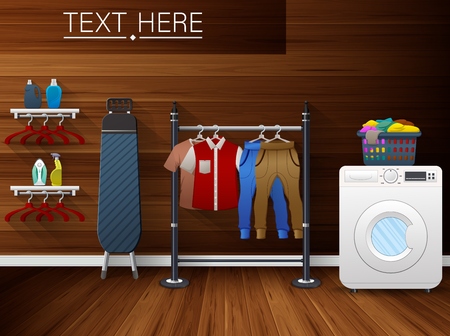 Vector illustration of Laundry room interior with washing machine, ironing board and drying clothesのイラスト素材