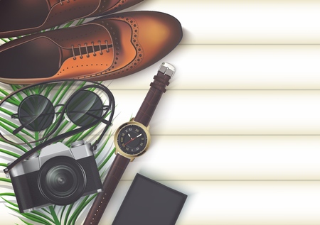 Vector illustration of Top view on travel and vacations concept over wooden backgroundのイラスト素材