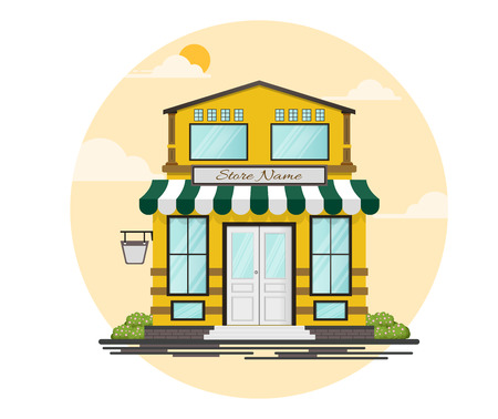 Yellow and green store building backgroundの写真素材
