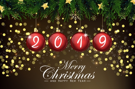 Vector illustration of 2019 new year card with red Christmas ballsのイラスト素材