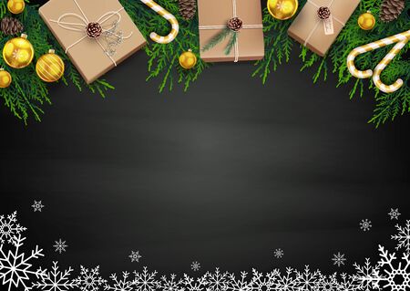 Vector illustration of Christmas background with fir tree branches and decorationsのイラスト素材