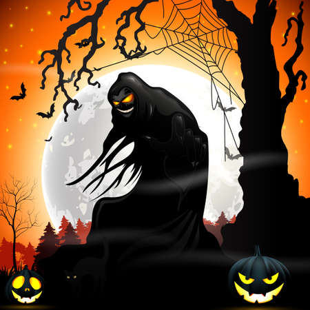Halloween death with grim reaper and pumpkinsのイラスト素材