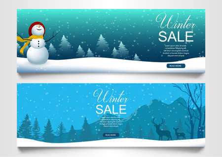 Winter sale banners with snowman and villageのイラスト素材