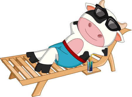 Cute cow relaxing on deck chairのイラスト素材