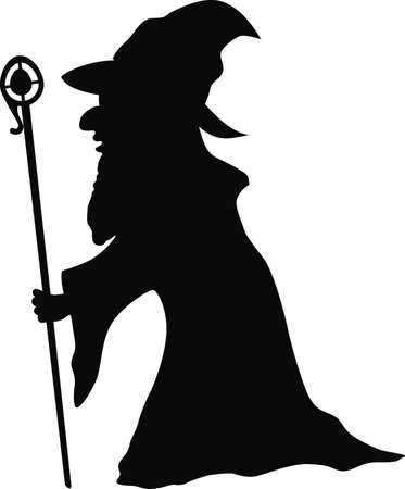 Silhouette of wizard holding magical staffのイラスト素材