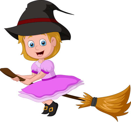 Cartoon little witch flying on broomstickのイラスト素材