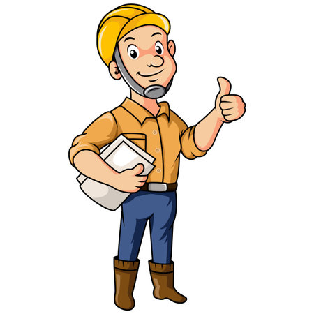 Cute male architect cartoon holding paper report giving thumb upのイラスト素材
