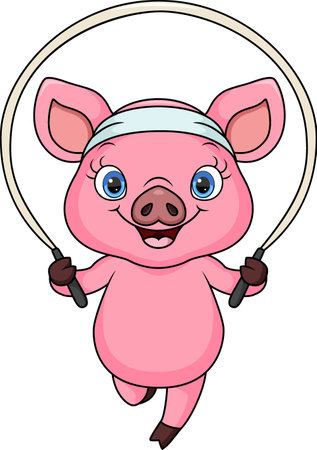 Cute pig cartoon playing jumping ropeのイラスト素材