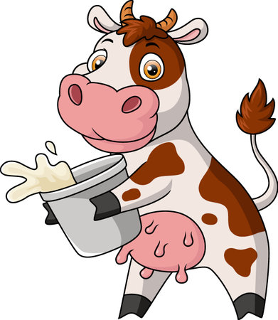 Cute cow cartoon with a bucket of milkのイラスト素材