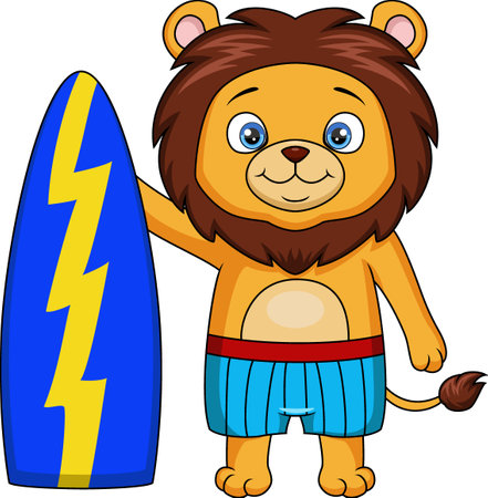 Cute lion cartoon holding a surfboardのイラスト素材