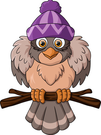 Cute bird cartoon wearing hat on tree branchのイラスト素材