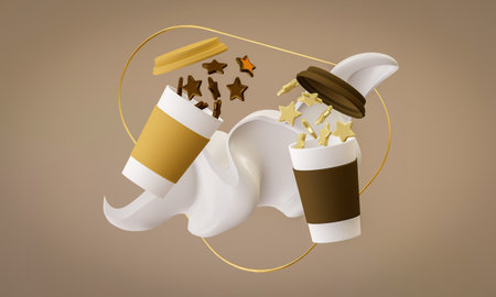 Two paper cups and white and black chocolate star shaped, whipping cream on background, 3d render.の写真素材