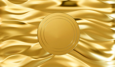Beautiful golden satin or silk background and circle in center, golden texture, abstract gold background Design, golden luxurious fabric or cloth background, 3d render.の写真素材