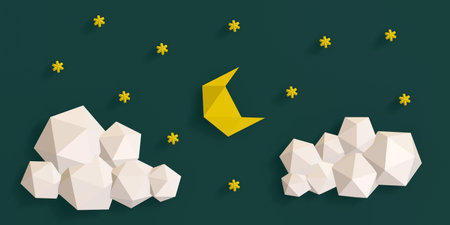 Night sky, crescent with stars and clouds on dark blue background, abstract geometric shapes, 3d render.の写真素材