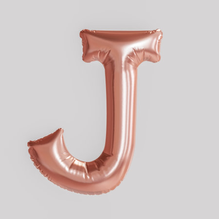 Letter J balloon on white background, rose gold foil balloon, 3d render.の写真素材