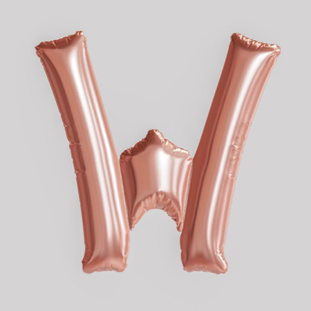 Letter W balloon on white background, rose gold foil balloon, 3d render.の写真素材