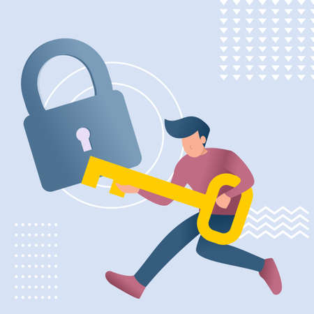 Image of a man unlock the padlock or searching keyword illustration vector templateのイラスト素材
