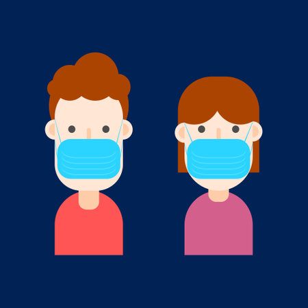 Simple Flat Couple Character  Man and Woman Wear Maskのイラスト素材