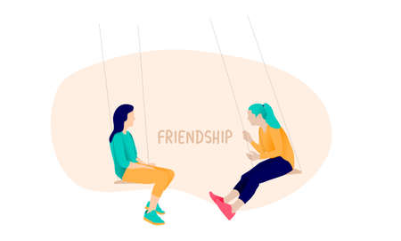 Two Girl Friendship on Swing Vector Illustrationのイラスト素材